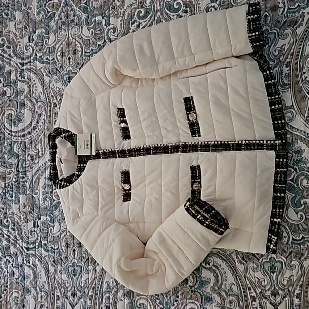BN Anne Klein size L, cream jacket with tweed trim and gold buttons $60